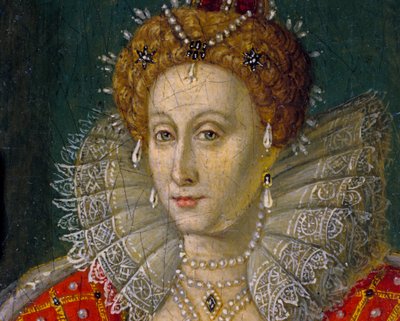 Detail van miniatuur olieverfschilderij portret van koningin Elizabeth I van Engeland en Ierland door Nathan Benn