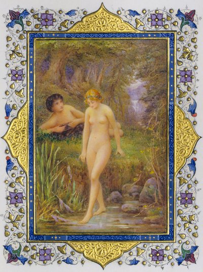 Verlichte pagina uit een boek van Shakespeare sonnetten met naakte vrouw in pastorale fantasie door Nathan Benn
