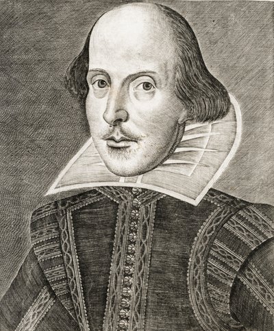 Portret van William Shakespeare op frontispice van Komedies, geschiedenissen, & tragedies door Nathan Benn