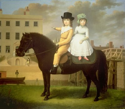 Twee kinderen zittend op een zwarte pony door Nathan Theodore Fielding