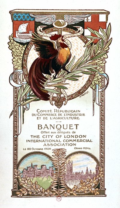 Haan en monumenten, banketmenu van het Republikeinse Comité voor Handel, Industrie en Landbouw aangeboden op 22.11.1906 aan de afgevaardigden van de internationale handelsvereniging van de City of London door Nathan Weill