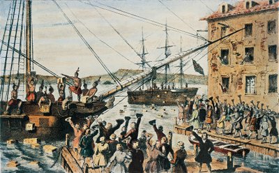 Boston Tea Party, Engelse theekisten overboord gegooid in de haven van Boston door kolonisten, 16 december door Nathaniel (after) Currier