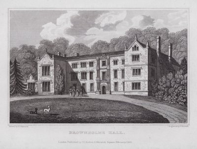 Brownholme Hall (gravure) door Nathaniel (after) Whittock