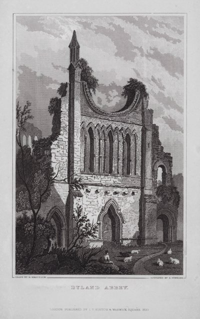 Byland Abbey (gravure) door Nathaniel (after) Whittock
