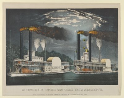 Middernachtrace op de Mississippi, 1875 door Currier and Ives