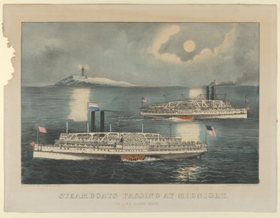 Stoomschepen Passeren om Middernacht - Op Long Island Sound, 1872-74 door Currier and Ives