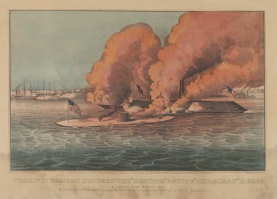 Verschrikkelijk Gevecht Tussen de Monitor 2 Kanonnen & Merrimac 11 Kanonnen - In Hampton Roads Maart door Currier and Ives