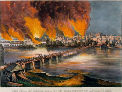 De val van Richmond, Virginia, op de nacht van 2 april 1865, 1865 door Currier and Ives