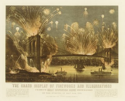 Het grote vuurwerk en de verlichting bij de opening van de grote hangbrug, 1883 door Currier and Ives