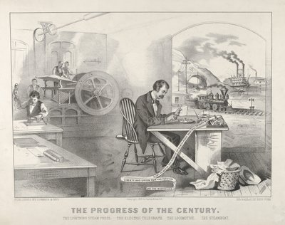 De vooruitgang van de eeuw - De bliksemsnelle stoompers. De elektrische telegraaf. De locomotief, 1876 door Currier and Ives
