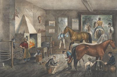 Trotting Cracks bij de smidse, 1869 door Currier and Ives