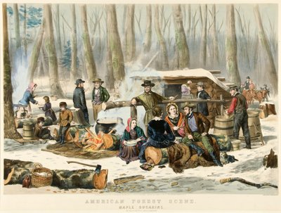 Amerikaans boslandschap - Maple Sugaring, uitgegeven 1855 door Nathaniel Currier