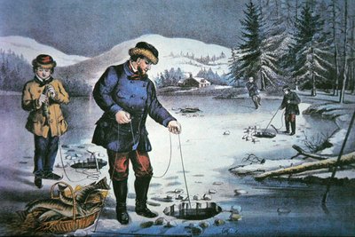 Amerikaans pioniersleven: vissen door een ijsgat door Nathaniel Currier