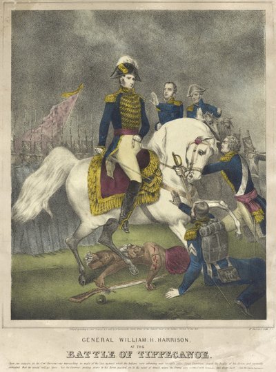 Generaal William H. Harrison bij de Slag van Tippecanoe, uitgegeven 1840 door Nathaniel Currier
