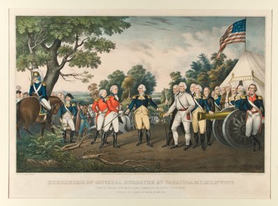 Overgave van generaal Burgoyne in Saratoga, New York, 17 oktober 1777 / Naar het originele schilderij van kolonel Trumbull in het Capitool in Washington. Geschilderd door John Trumbull door Nathaniel Currier