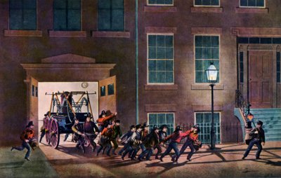 Het nachtelijk alarm, Het leven van een brandweerman, 1854 door Nathaniel Currier