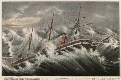 Het stoomschip President, het grootste ter wereld, onder bevel van luitenant Roberts tijdens zijn laatste reis van New York (VS) naar Liverpool (Engeland), in de storm van 12 maart door Nathaniel Currier