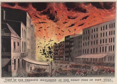 Uitzicht op de geweldige explosie bij de grote brand in New York. Vanaf Broad St. - 19 juli 1845 door Nathaniel Currier