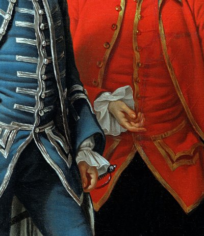 James Grant van Grant, John Mytton, de Eerwaarde Thomas Robinson en Thomas Wynne, ca. 1760 (detail) door Nathaniel Dance Holland