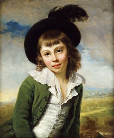 De Groene Jongen: Een Portret van een Jongen Halflang, in een Groene Jas en Zwarte Hoed met een Veerpluim, 1782 door Nathaniel Hone