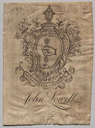 Boekplaat: Wapen met inscriptie John Lowell door Nathaniel Hurd