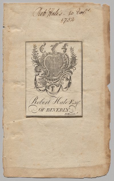 Boekplaat: Wapen met inscriptie van Robert Hale, Esq. door Nathaniel Hurd