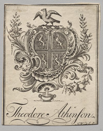 Boekplaat: Wapen met inscriptie van Theodore Atkinson door Nathaniel Hurd
