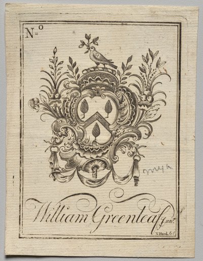 Boekplaat: Wapen met inscriptie William Greenleaf Jun.r door Nathaniel Hurd