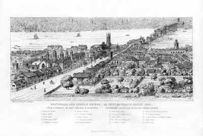 Southwark en London Bridge zoals ze eruitzagen rond 1546 door Nathaniel Whittock