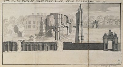 Zuidelijk uitzicht op Holdenby House en ruïnes zoals gezien in 1729 door Nathaniel and Samuel Buck