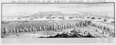 Het westelijke uitzicht van Zijne Majesteits scheepswerf in Chatham, 1738 door Nathaniel and Samuel Buck