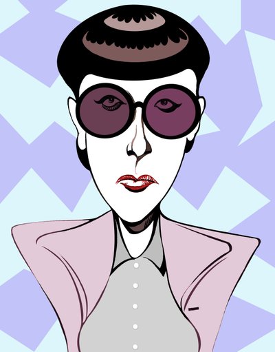 Edith Head, Amerikaanse kostuumontwerper (1907 - 1981), kleur karikatuur met donkere bril door Neale Osborne