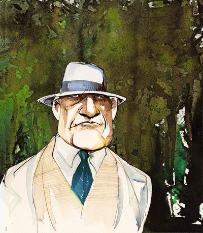 Jean Sibelius, gekarikaturiseerd als een oudere man door Neale Osborne