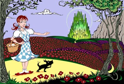 De wonderbaarlijke tovenaar van Oz: Dorothy en Toto op de Gele Bakstenen Weg op weg naar de Smaragden Stad door Neale Osborne