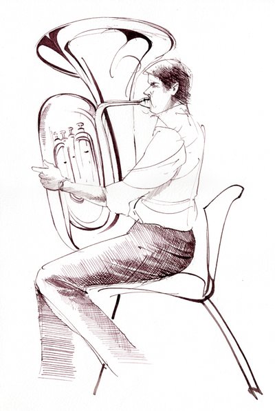 Tubaspeler (inkt tekening van een muzikant die optreedt) door Neale Osborne