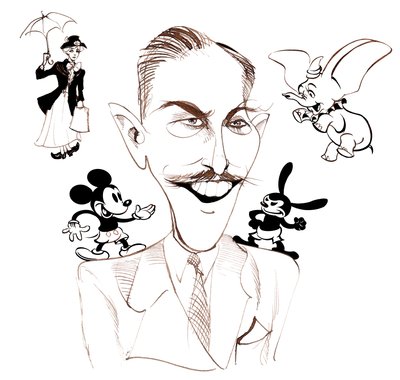 Walt Disney, Amerikaanse filmproducent, zakenmagnaat, cartoonist en animator; gekarikaturiseerd met Mary Poppins door Neale Osborne