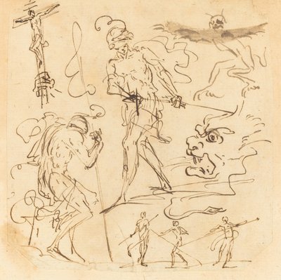 Blad met Studies van een Soldaat die een Zwaard Trekt, een Kruisbeeld, Monsterlijke Dieren en Andere Figuren door Neapolitan 17th Century