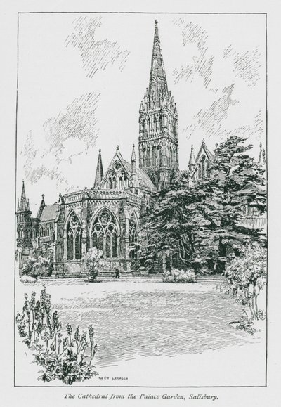 De kathedraal vanuit de paleistuin, Salisbury (litho) door Nelly Erichsen