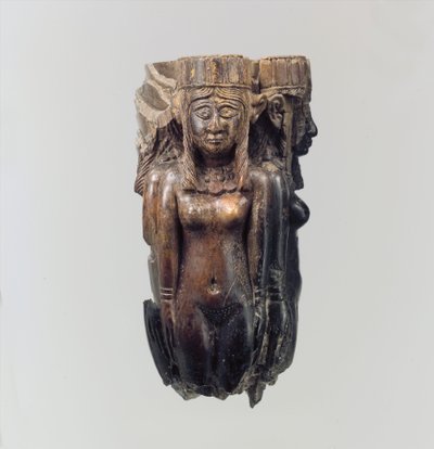 Ventilator- of vliegenmepperhandvat in de vorm van vier vrouwelijke figuren, ca. 8e-7e eeuw v.Chr. (ivoor) door Neo Assyrian