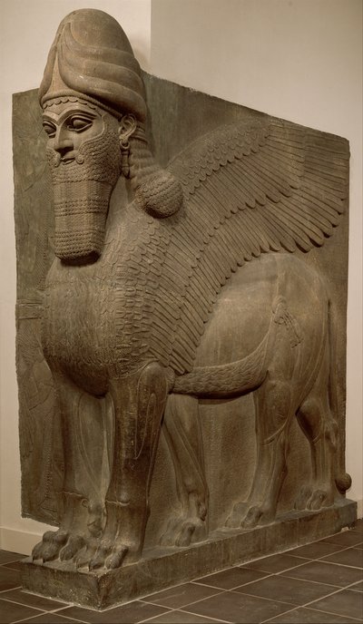 Menselijk hoofd met gevleugelde leeuw (lamassu), ca. 883-859 v.Chr. door Neo Assyrian