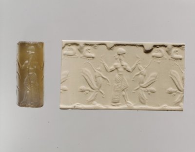 Cilinderzegel en moderne afdruk: mannelijke figuur domineert menshoofdige gevleugelde leeuwen, ca. 8e-7e eeuw v.Chr. door Neo Assyrian Neo Assyrian