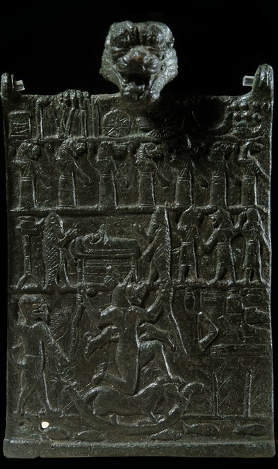 Mesopotamië: bronzen bezweringsplaat tegen de demonische godheid Lamashtu. Voorstelling van een exorcismescène. Neo-Assyrische periode (750 v.Chr.). Parijs, Louvre Museum door Neo Assyrian Neo Assyrian