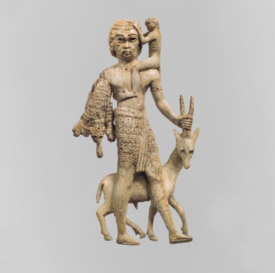 Beeldje van een man met een oryx, een aap en een luipaardhuid, c.8e eeuw v.Chr. door Neo Assyrian Neo Assyrian