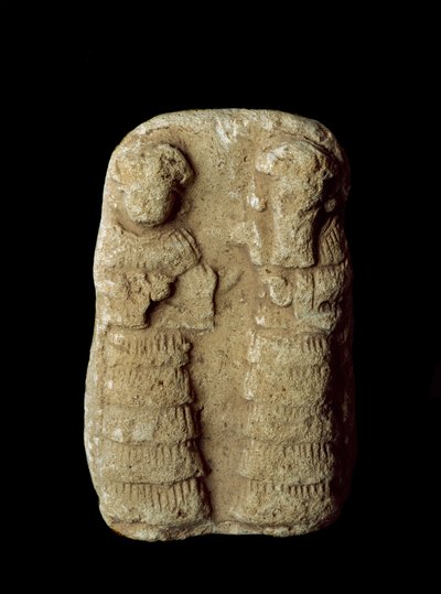 Sumerische beschaving: paar goden op de troon. Terracotta beeld. Dim. 9 cm Neo-Sumerische periode (tussen 2093 en 2004 v.Chr.) Bagdad, Nationaal Irak Museum door Neo Sumerian
