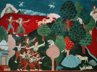 Een koning die zijn dagen doorbrengt met het doden van arme gazellen zonder reden, later, in een ander leven, is hij een gazelle en wordt gedood door een jager, detail uit Swayambhu Purana, belangrijk boeddhistisch heilig boek in Nepal door Nepalese School