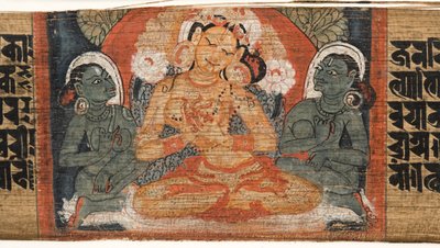 Folio 2r Godin Prajnaparamita, uit de Astasahasrika Prajnaparamita (inkt & kleuren op palmbladeren en hout) (detail) door Nepalese School