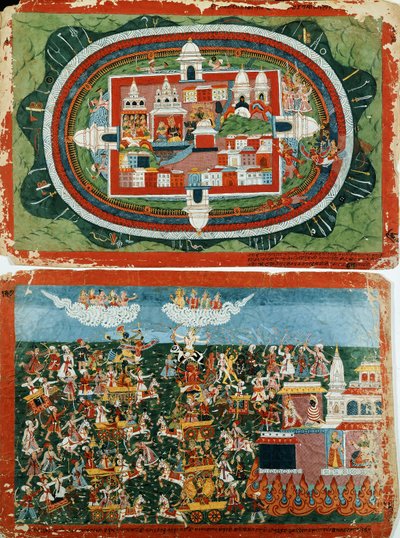 Krishna valt het onneembare kasteel van Prag-jyoshita aan om de oorbellen van Aditi terug te krijgen, ca. 1775 door Nepalese School