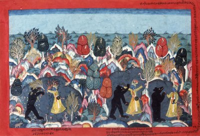 Krishna vecht tegen Jambavata, koning van de beren, ca. 1775 door Nepalese School