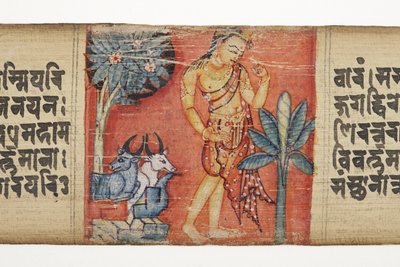 Sudhana reist door een rotsachtig landschap met twee stieren, uit de Gandavyuha door Nepalese School