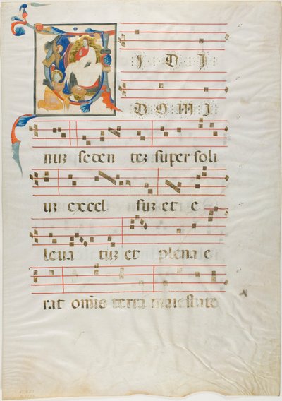 Heilige knielend voor God op de troon in een gehistorieerde initiaal "V" uit een antifonarium door Neri da Rimini
